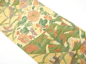 切りばめ風　菊に蝶模様織り出し　袋帯